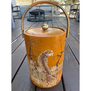 Vintage Cheetah Wildlife Ice Bucket Mid Century Modern Orange Vinyl Barware